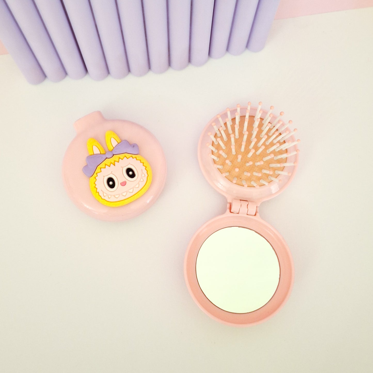 Peach Labubu Mirror with Brush