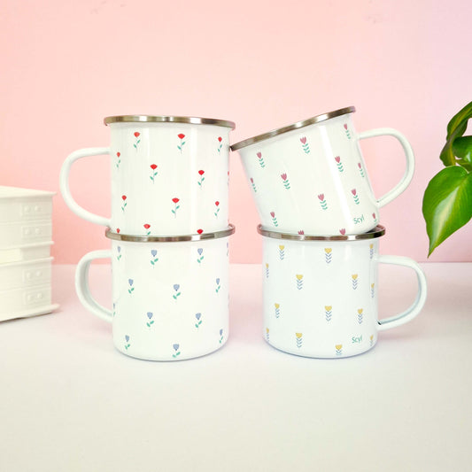 Floral Collection Set ( 4 Enamel Mugs + 4 Coasters )