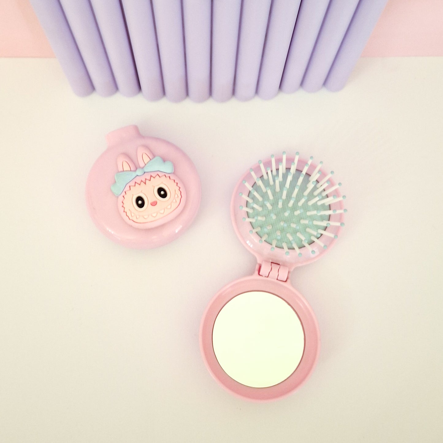 Pink Labubu Mirror with Brush